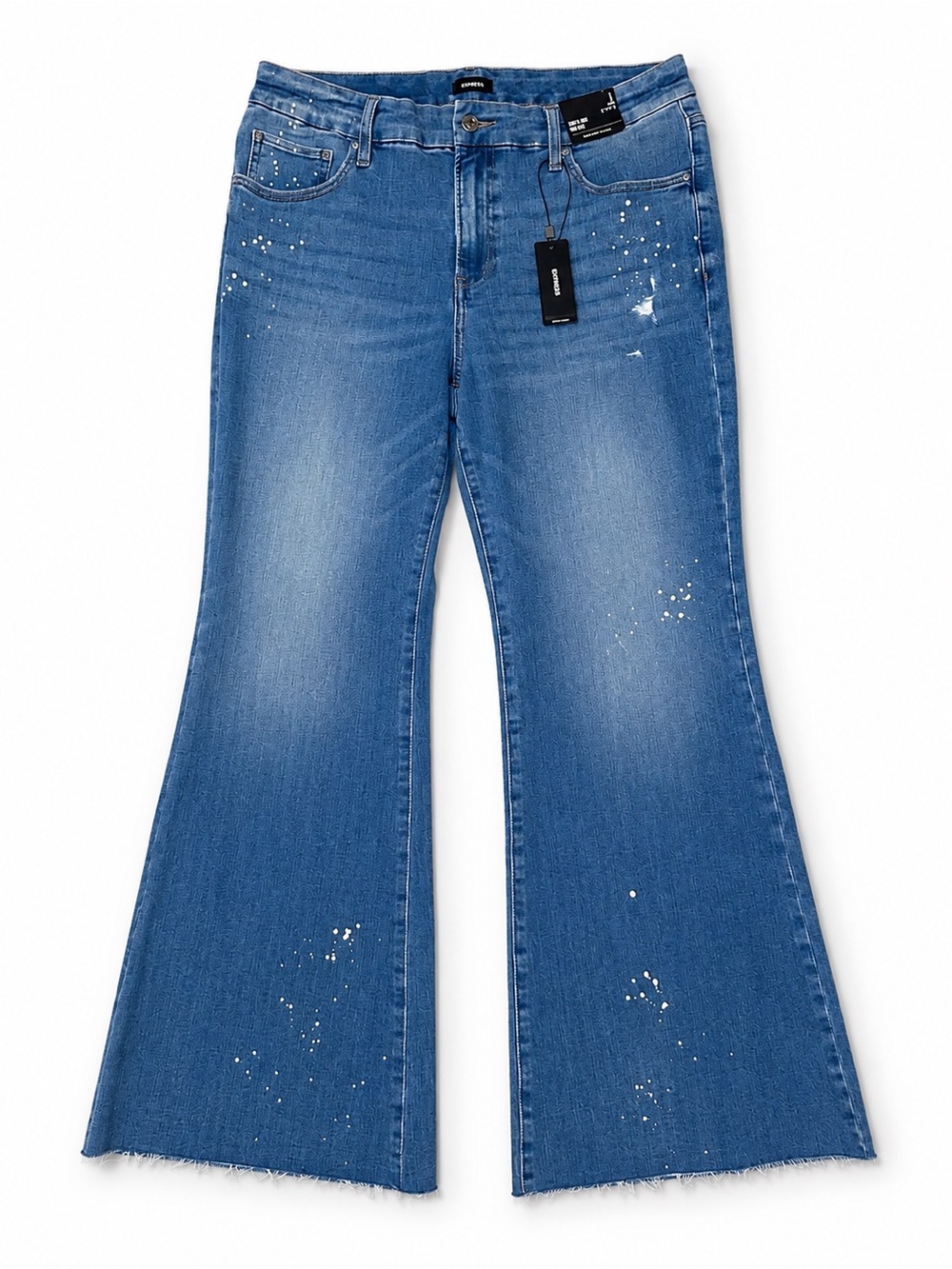 NWT Express ‘70s Flare Jeans Mid Paint Splatter Denim Women’s L Short 12/14/16